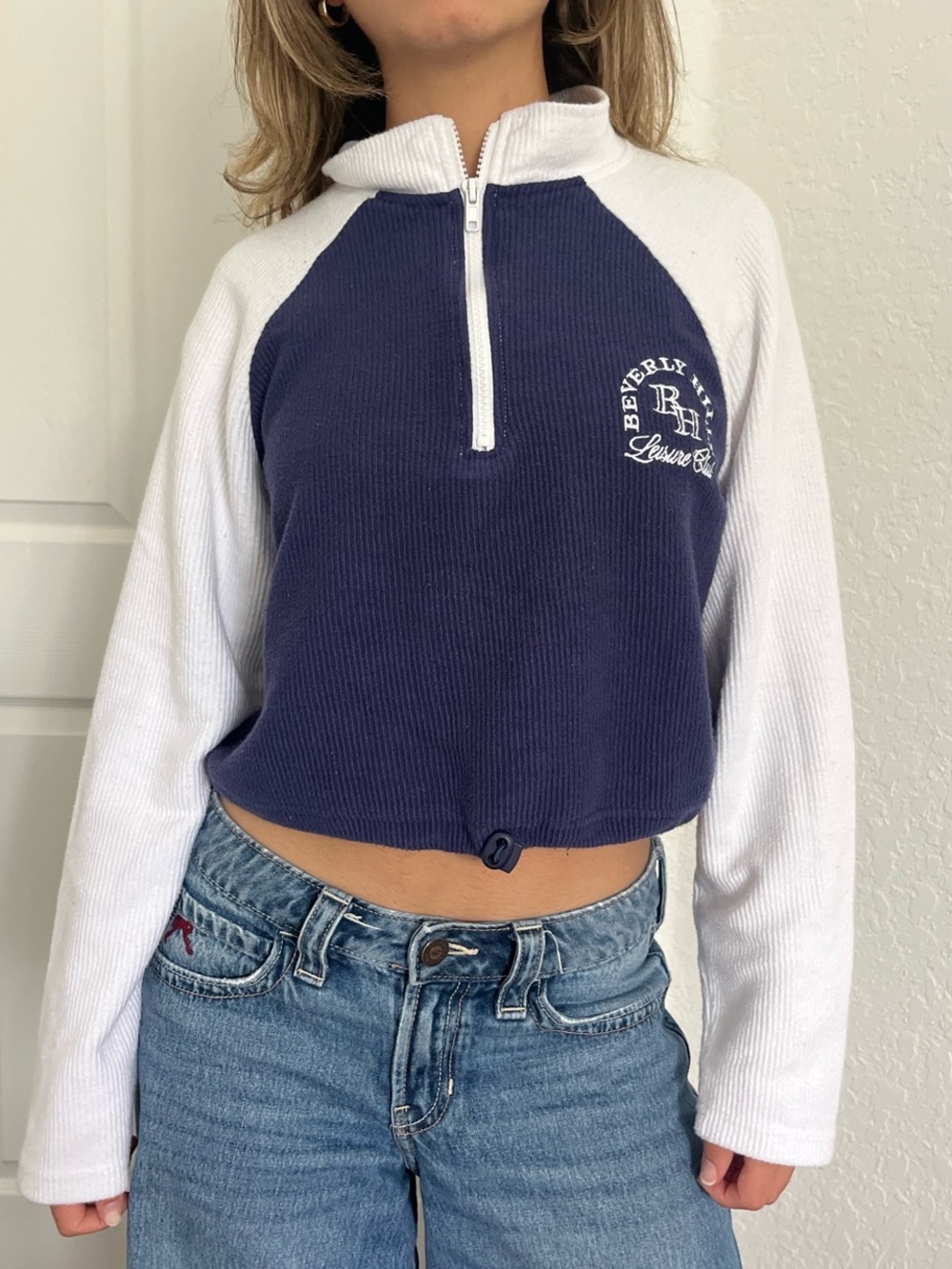 Forever 21 Navy and White Raglan Half-Zip Sweatshirt